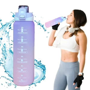Botella de Agua Deportiva de 1 Litro con Popote y Marcador de Tiempo Motivacional
