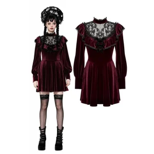 Vestido gótico de terciopelo tejido a crochet para mujer, color rojo