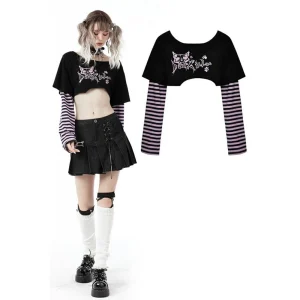 Top corto de manga a rayas con estampado de gato grunge para mujer