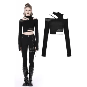Top corto de empalme de malla con corte irregular punk para mujer