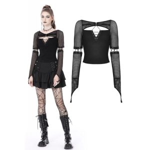 Camisa de empalme de malla con escote pronunciado punk para mujer con sobremangas